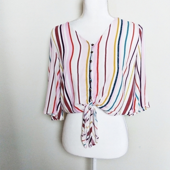 Urban Romantics Cropped Striped Tie Front Blouse - Picture 2 of 10